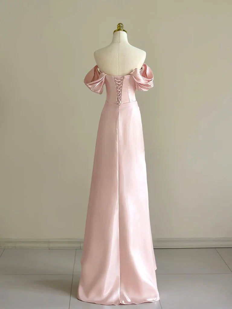 Vestido de fiesta largo de satén rosa con corte en A y hombros descubiertos ED005