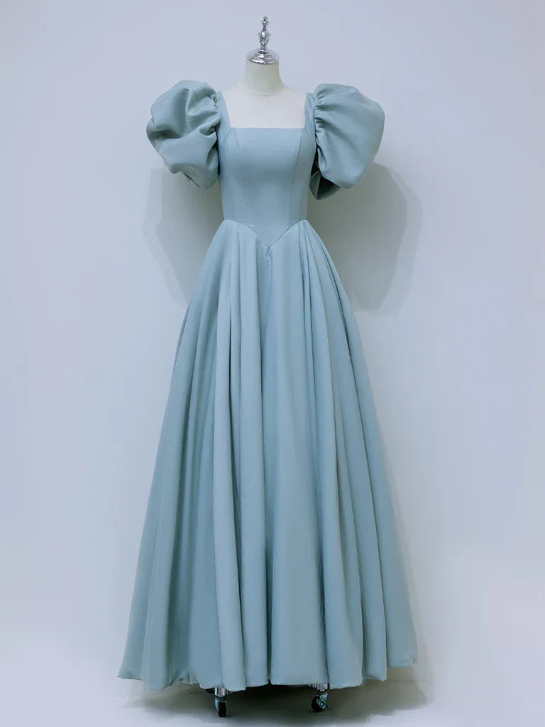 Vestido de fiesta largo de satén azul con escote cuadrado y corte en A, vestido formal azul ED007