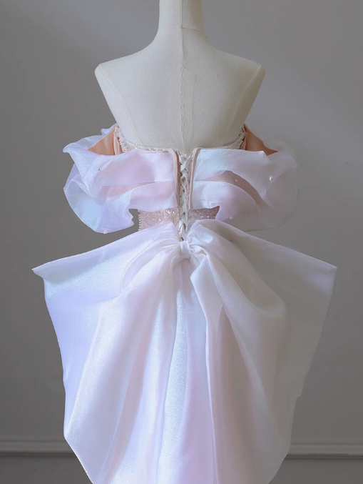 Vestido de fiesta largo de tul con lentejuelas y cuentas, corte A, hombros descubiertos, color rosa suave, vestido de noche rosa ED01033