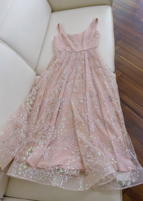 Vestido de fiesta corto de tul con lentejuelas en color rosa claro, corte A, vestido de fiesta rosa claro ED01040