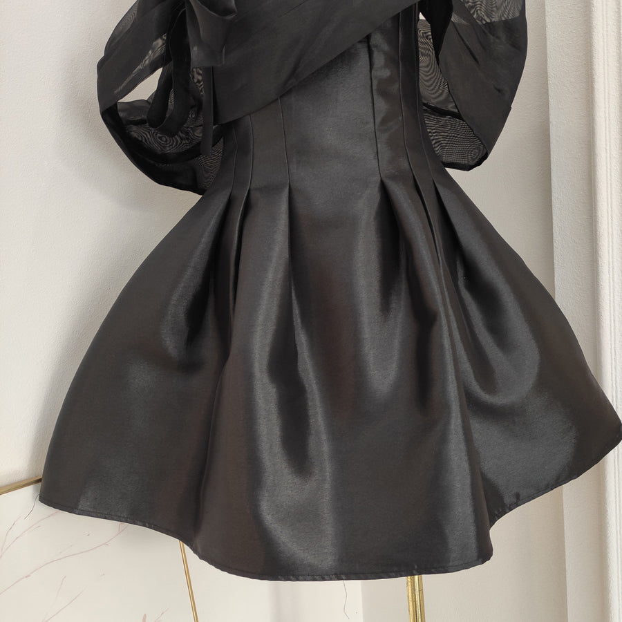 Vestido de fiesta corto de satén y tul negro con hombros descubiertos, corte A, vestido de fiesta rosa ED01054