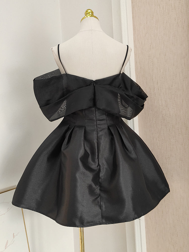 Vestido de fiesta corto de satén y tul negro con hombros descubiertos, corte A, vestido de fiesta rosa ED01054