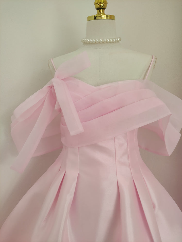 Vestido de fiesta corto de satén y tul rosa con hombros descubiertos, corte A, vestido de fiesta rosa ED01056
