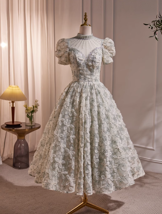 Light green A-line v-neck tulle sequins beaded short prom dress, light green homecoming dress ED1071