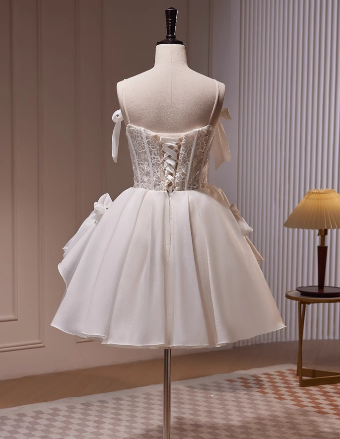 Vestido de fiesta corto de tul con tirantes finos, corte en A, color blanco roto, vestido de fiesta de bienvenida, vestido de cumpleaños ED1072