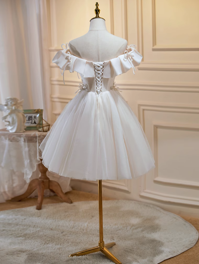 Vestido de fiesta corto de tul con lentejuelas y hombros descubiertos, corte en A, color blanco roto, vestido de fiesta de bienvenida y cumpleaños, color blanco roto, ED1074