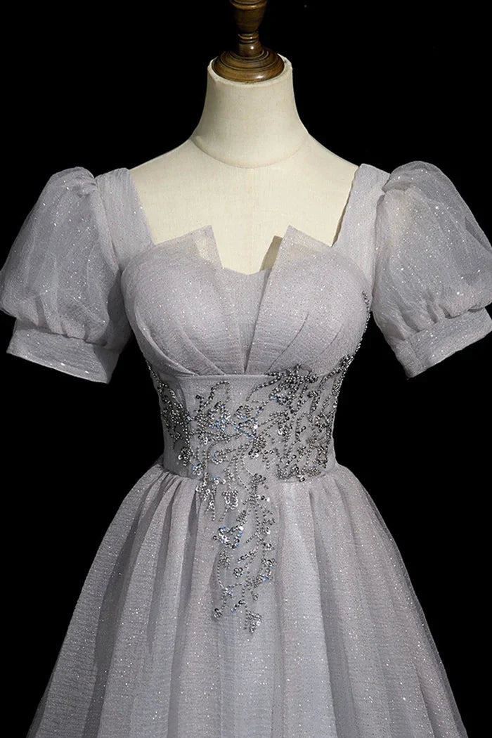 Vestido de fiesta largo de tul gris con cuentas, corte A, manga corta, ED01096