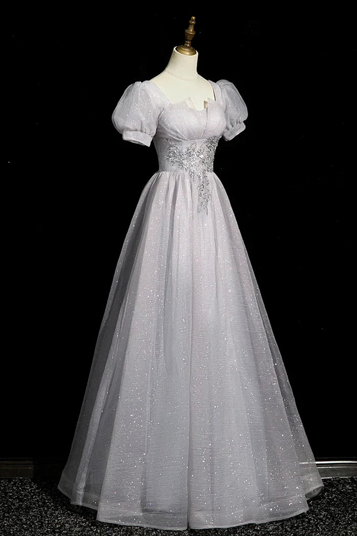 Vestido de fiesta largo de tul gris con cuentas, corte A, manga corta, ED01096