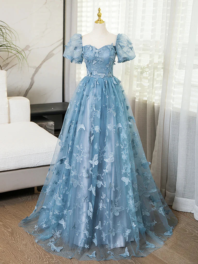 Vestido de noche formal por menos de $180 ||Vestido de fiesta largo estilo cuento de hadas, corte A, mangas abullonadas, tul, encaje, gris y azul, para cumpleaños ED01098