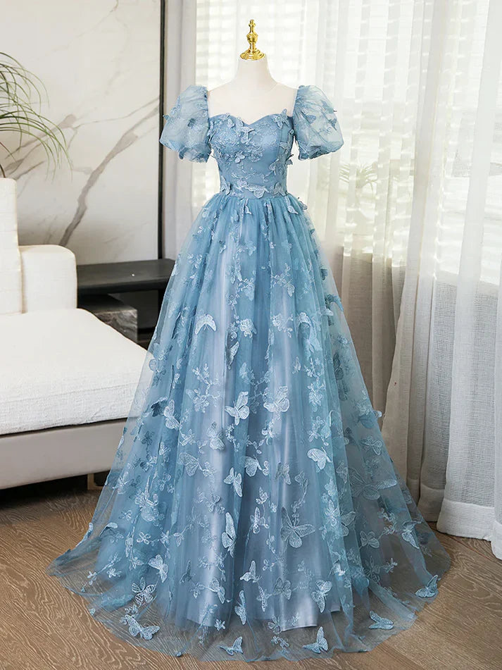 3D Butterfly Applique A Line Puff Sleeves Tulle Lace Gray Blue Sweet Long Prom Dress for Birthday SH3572