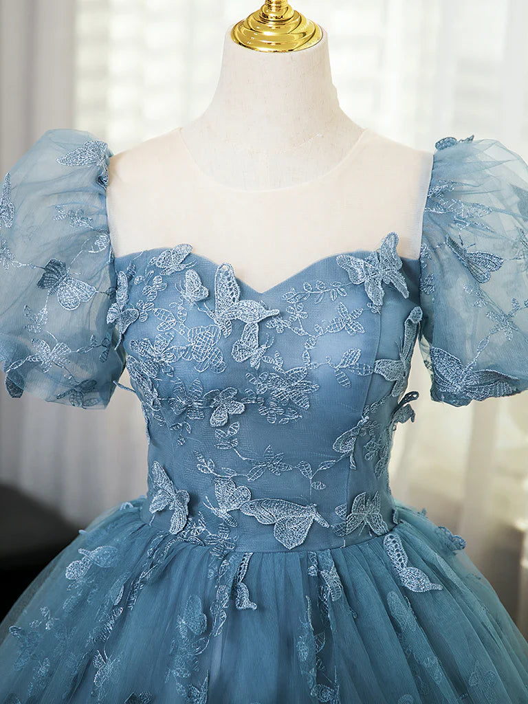 Vestido de noche formal por menos de $180 ||Vestido de fiesta largo estilo cuento de hadas, corte A, mangas abullonadas, tul, encaje, gris y azul, para cumpleaños ED01098
