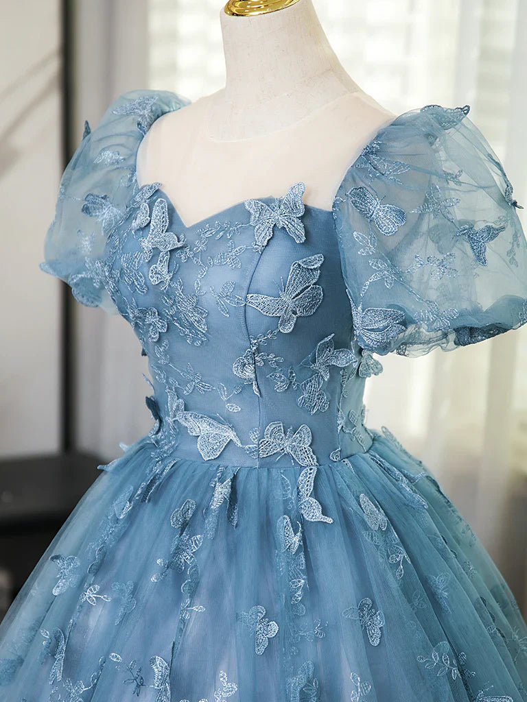 Vestido de noche formal por menos de $180 ||Vestido de fiesta largo estilo cuento de hadas, corte A, mangas abullonadas, tul, encaje, gris y azul, para cumpleaños ED01098