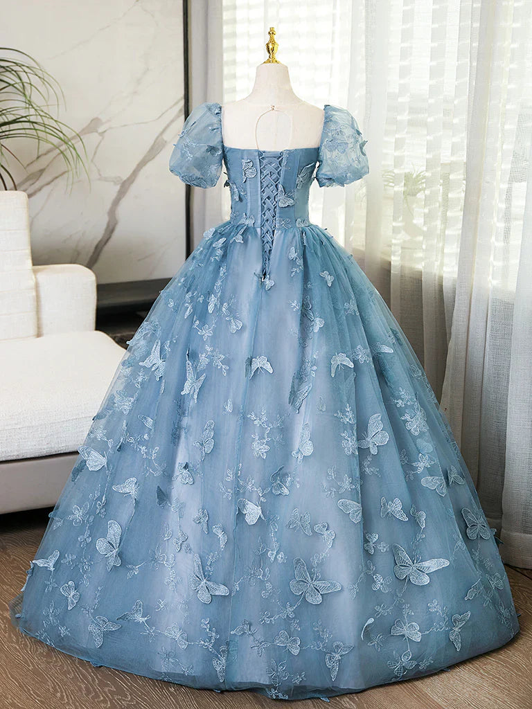 Vestido de noche formal por menos de $180 ||Vestido de fiesta largo estilo cuento de hadas, corte A, mangas abullonadas, tul, encaje, gris y azul, para cumpleaños ED01098