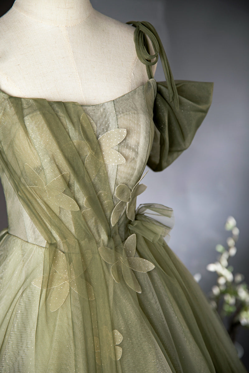 Vestido de fiesta largo de tul verde corte A, vestido de dama de honor verde ED01099