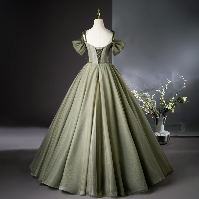 Vestido de fiesta largo de tul verde corte A, vestido de dama de honor verde ED01099