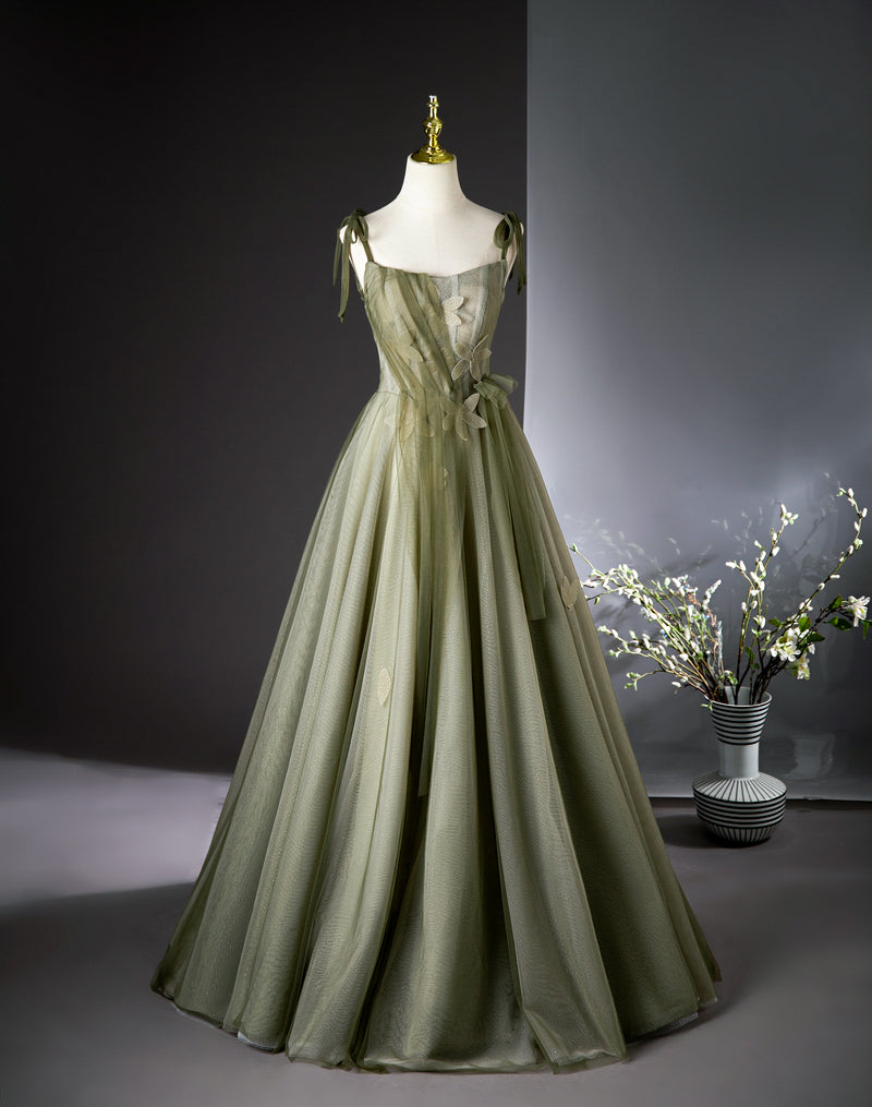 Vestido de fiesta largo de tul verde corte A, vestido de dama de honor verde ED01099
