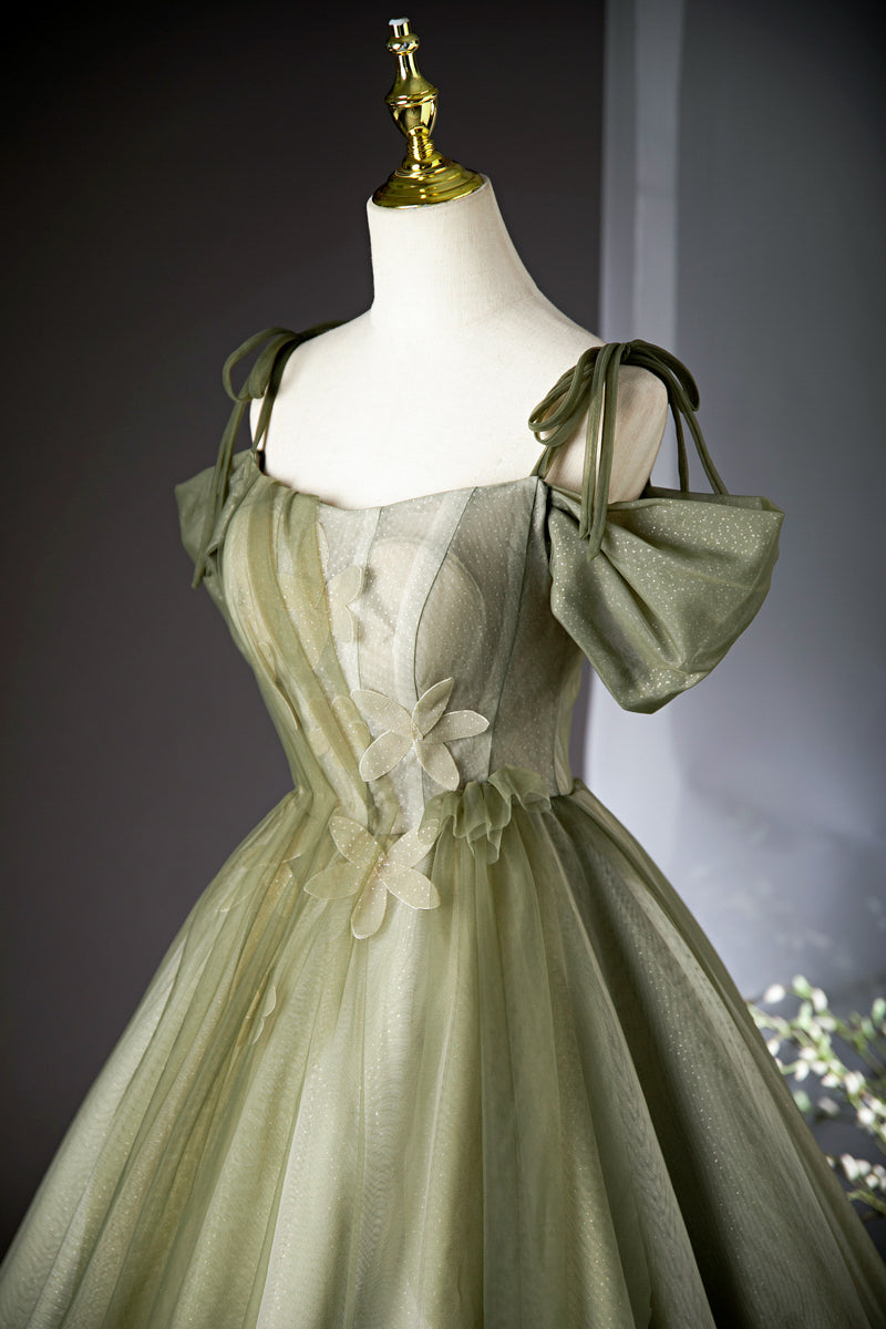 Vestido de fiesta largo de tul verde corte A, vestido de dama de honor verde ED01099