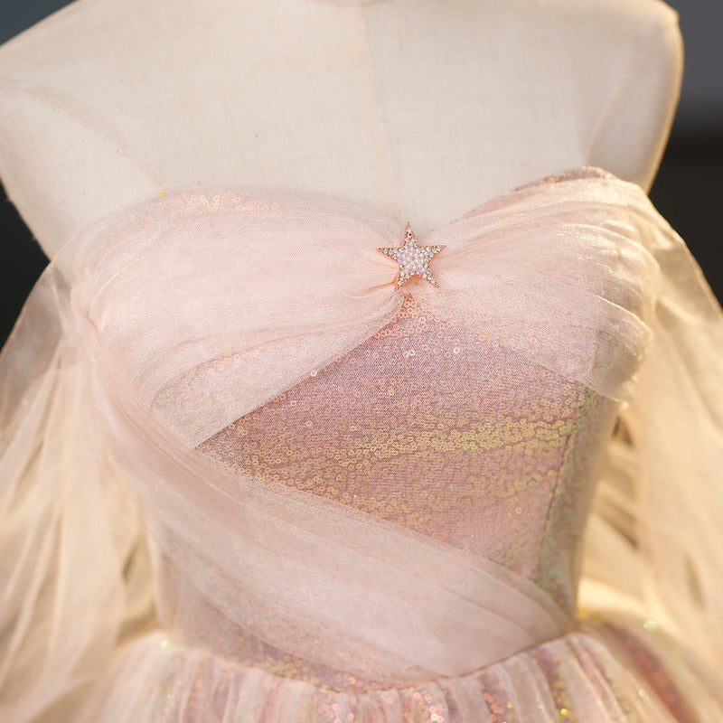 Vestido de fiesta largo de tul con lentejuelas y escote corazón en rosa, corte A, vestido de noche rosa ED01103