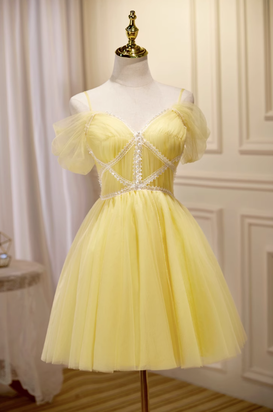 Yellow A-line tulle lace short prom dress, yellow homecoming dress ED01106