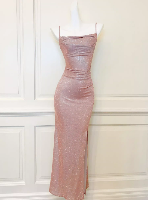 Vestido de cumpleaños de punto lamé rosa brillante con abertura lateral ED01119