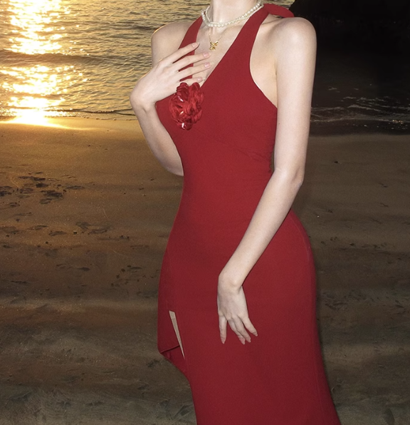 Vestido retro burdeos con cuello halter en V ED01128