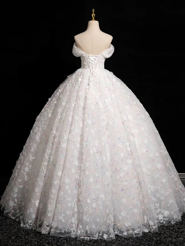Vestido de fiesta largo blanco de tul con escote corazón y encaje, corte en A, vestido formal de encaje blanco ED01134