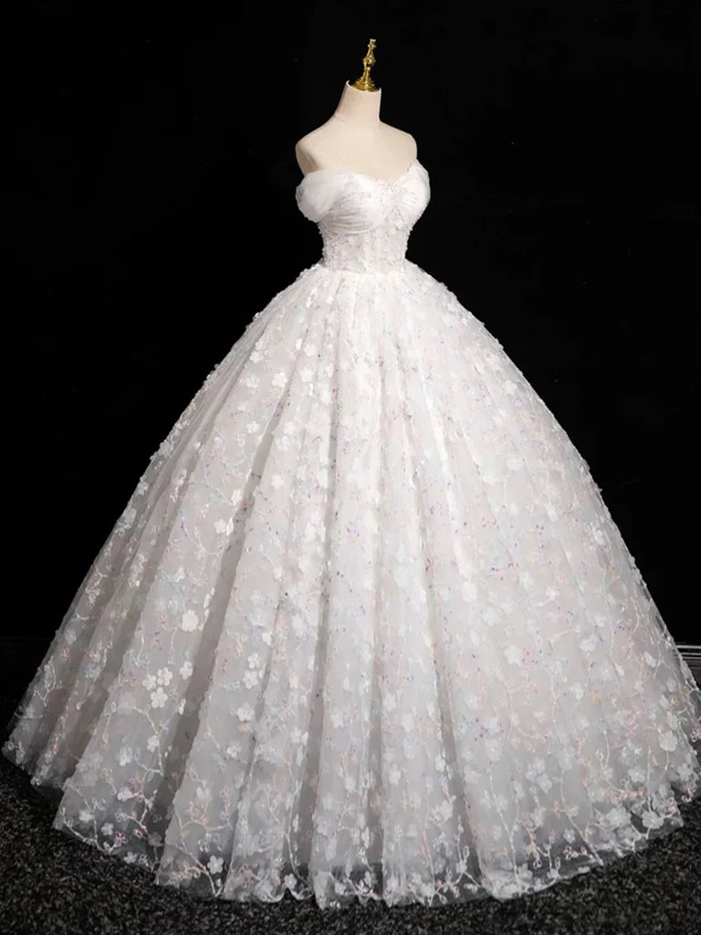 Vestido de fiesta largo blanco de tul con escote corazón y encaje, corte en A, vestido formal de encaje blanco ED01134