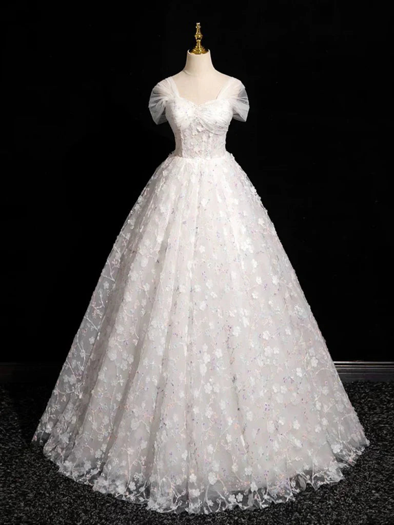 Vestido de fiesta largo blanco de tul con escote corazón y encaje, corte en A, vestido formal de encaje blanco ED01134