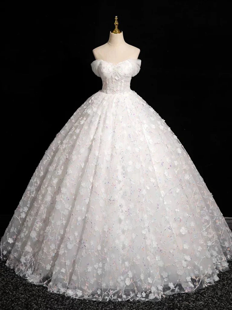 Vestido de fiesta largo blanco de tul con escote corazón y encaje, corte en A, vestido formal de encaje blanco ED01134