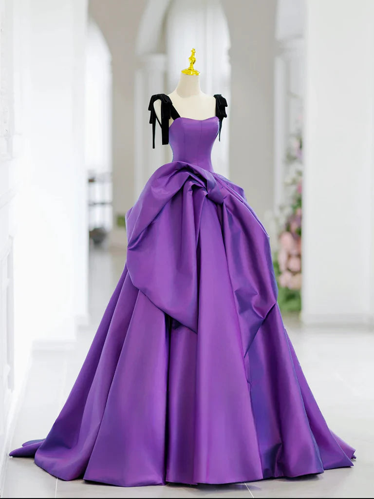 Vestido de fiesta largo morado de satén con escote corazón y corte en A, vestido formal morado ED01136