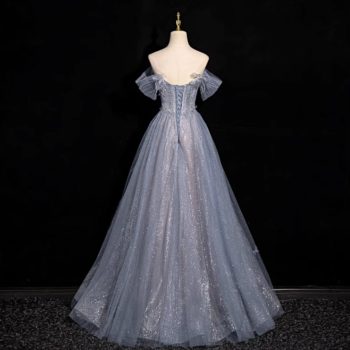 Gray blue A-line sweetheart neck tulle sequined long prom dress, gray blue evening dress ED01140