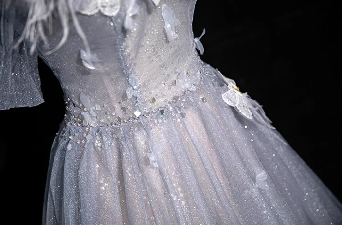 Gray blue A-line sweetheart neck tulle sequined long prom dress, gray blue evening dress ED01140