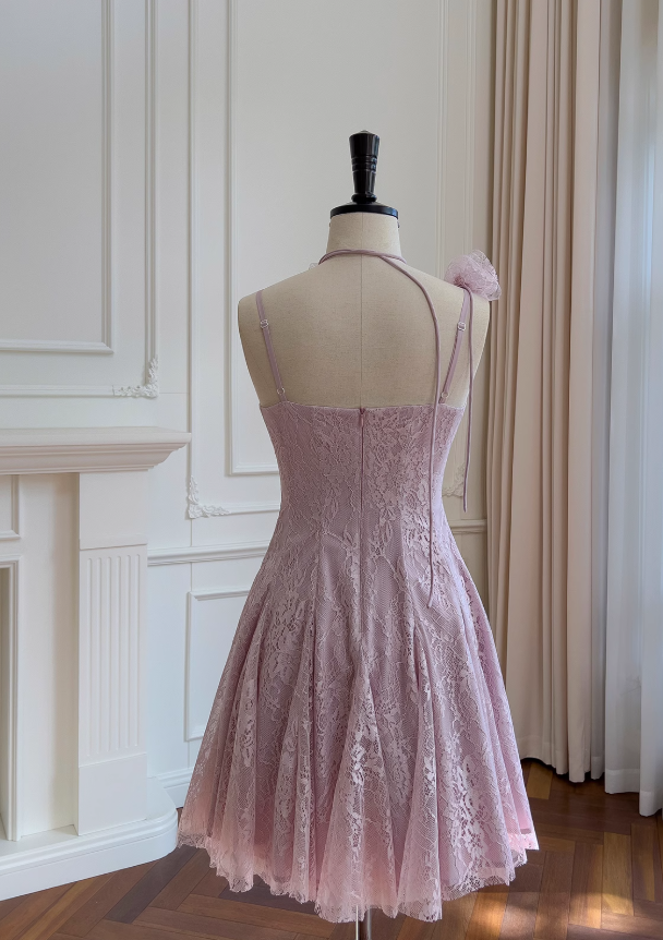 Vestido de fiesta corto de encaje con tirantes finos en color morado claro, vestido de fiesta morado ED01155