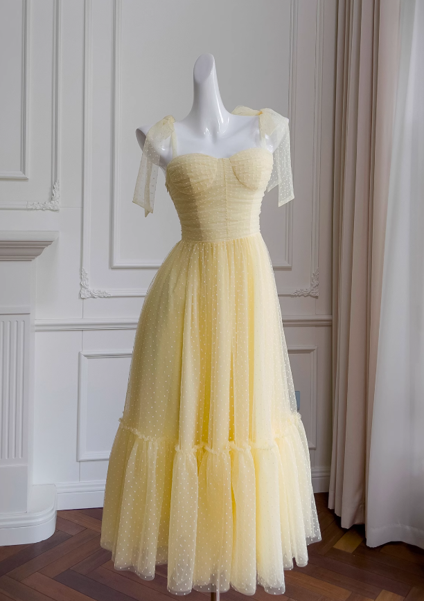 Vestido de fiesta corto de tul amarillo con escote en forma de A y escote corazón, vestido de bienvenida amarillo ED01156