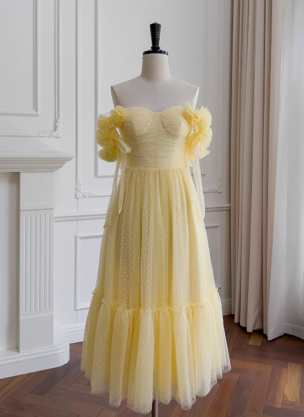 Vestido de fiesta corto de tul amarillo con escote en forma de A y escote corazón, vestido de bienvenida amarillo ED01156