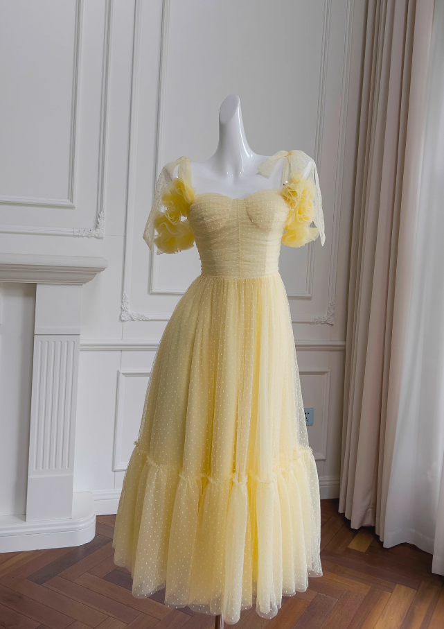 Vestido de fiesta corto de tul amarillo con escote en forma de A y escote corazón, vestido de bienvenida amarillo ED01156