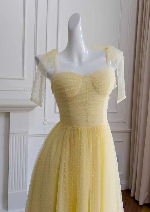 Vestido de fiesta corto de tul amarillo con escote en forma de A y escote corazón, vestido de bienvenida amarillo ED01156