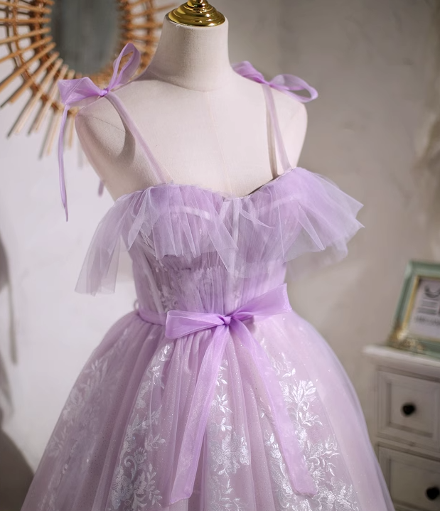 Vestido de fiesta corto de tul con escote en forma de A y encaje morado, vestido de fiesta morado ED01157