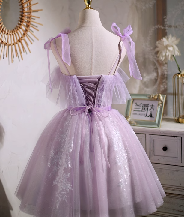 Vestido de fiesta corto de tul con escote en forma de A y encaje morado, vestido de fiesta morado ED01157