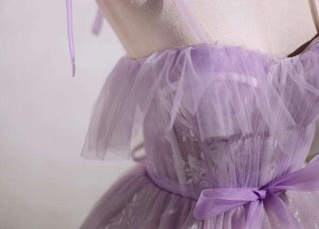 Vestido de fiesta corto de tul con escote en forma de A y encaje morado, vestido de fiesta morado ED01157