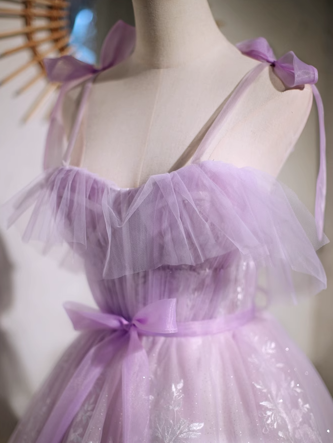 Vestido de fiesta corto de tul con escote en forma de A y encaje morado, vestido de fiesta morado ED01157