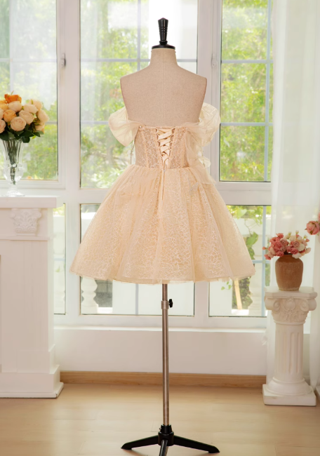 Champagne A-line off shoulder tulle lace short prom dress, champagne homecoming dress ED01158