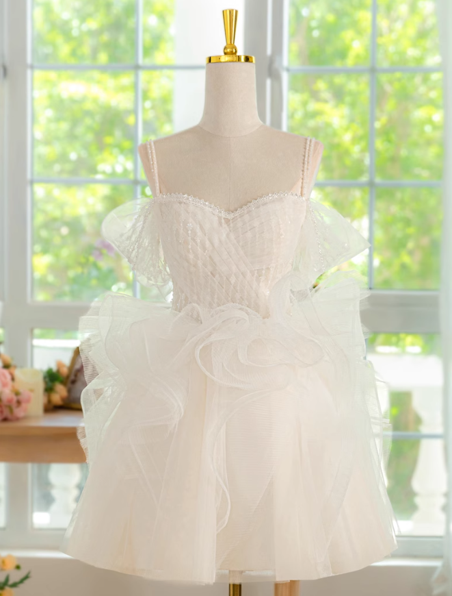 Vestido de fiesta corto de tul con encaje y hombros descubiertos, corte en A, color blanco, vestido de bienvenida blanco ED01159