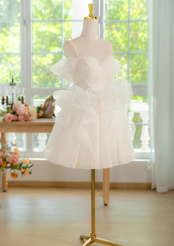 Vestido de fiesta corto de tul con encaje y hombros descubiertos, corte en A, color blanco, vestido de bienvenida blanco ED01159