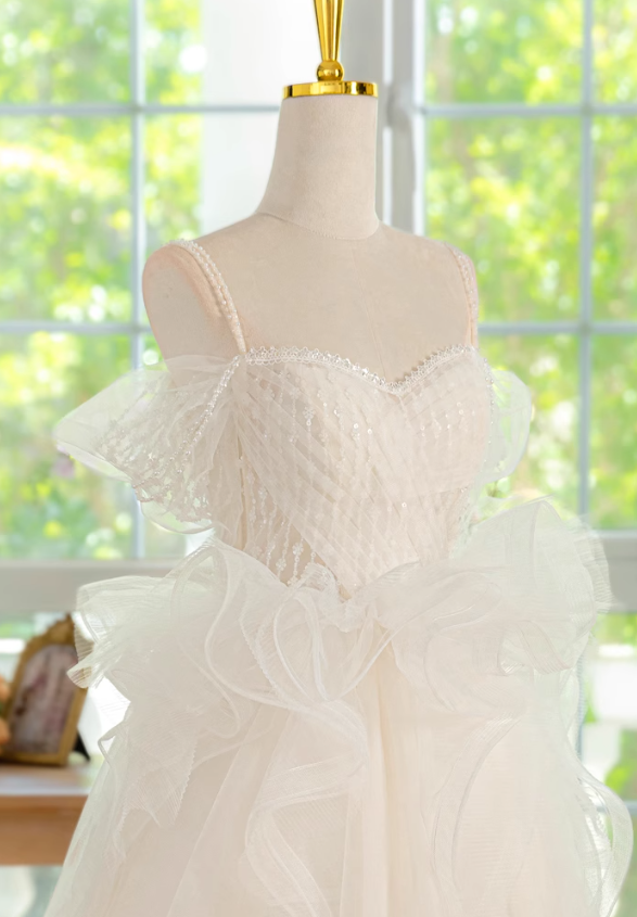 Vestido de fiesta corto de tul con encaje y hombros descubiertos, corte en A, color blanco, vestido de bienvenida blanco ED01159