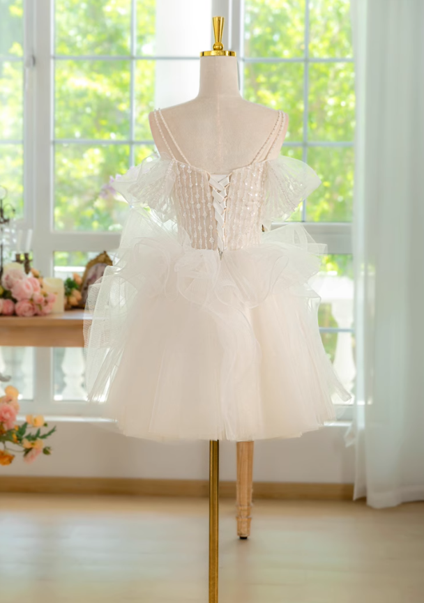 Vestido de fiesta corto de tul con encaje y hombros descubiertos, corte en A, color blanco, vestido de bienvenida blanco ED01159