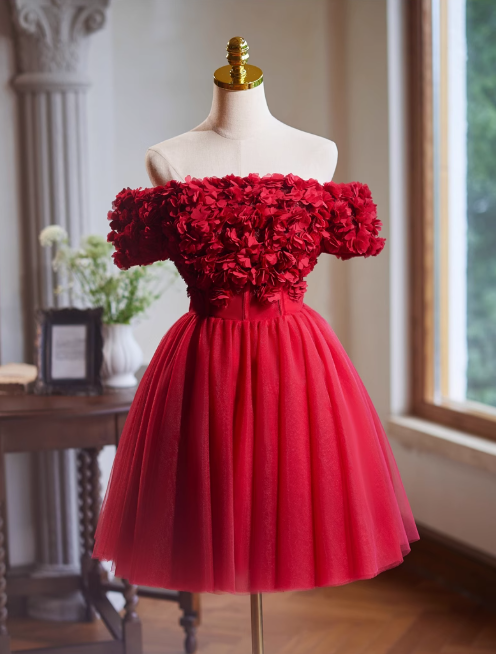 Vestido de fiesta corto de tul burdeos con corte en A y hombros descubiertos, vestido de fiesta burdeos para compromiso y regreso a casa ED01160