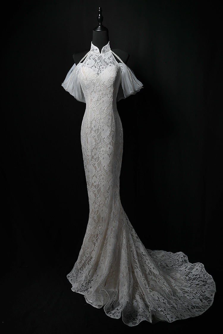 Vestido de fiesta largo de encaje sirena blanco, vestido de novia blanco ED01175