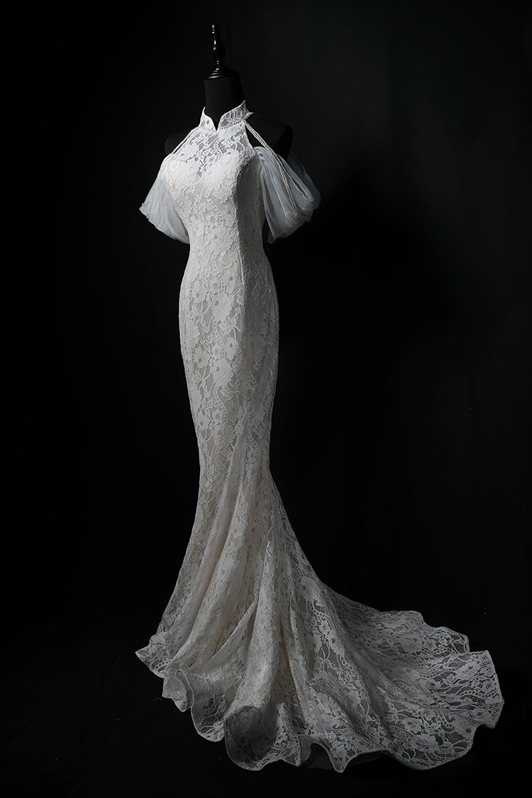 Vestido de fiesta largo de encaje sirena blanco, vestido de novia blanco ED01175