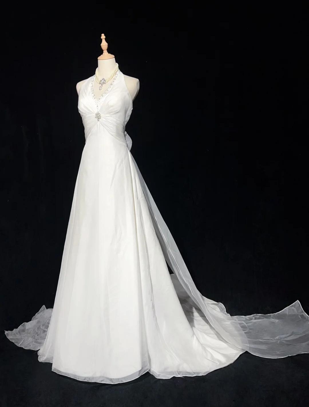 Vestidos de fiesta largos de satén con cuello halter y cuentas, corte sirena blanco, vestidos de novia blancos ED01182
